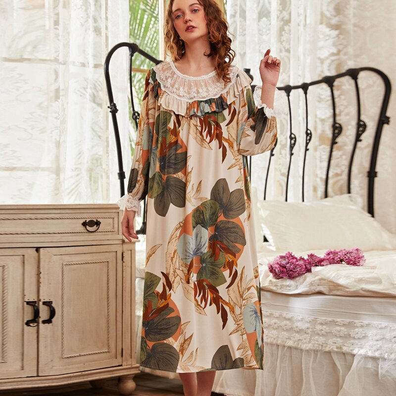 

Floral Print Lace Trimed Ruffle Night Dress, Multicolor