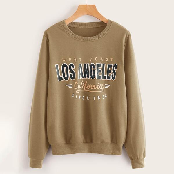 

Letter Graphic Round Neck Sweatshirt, Khaki