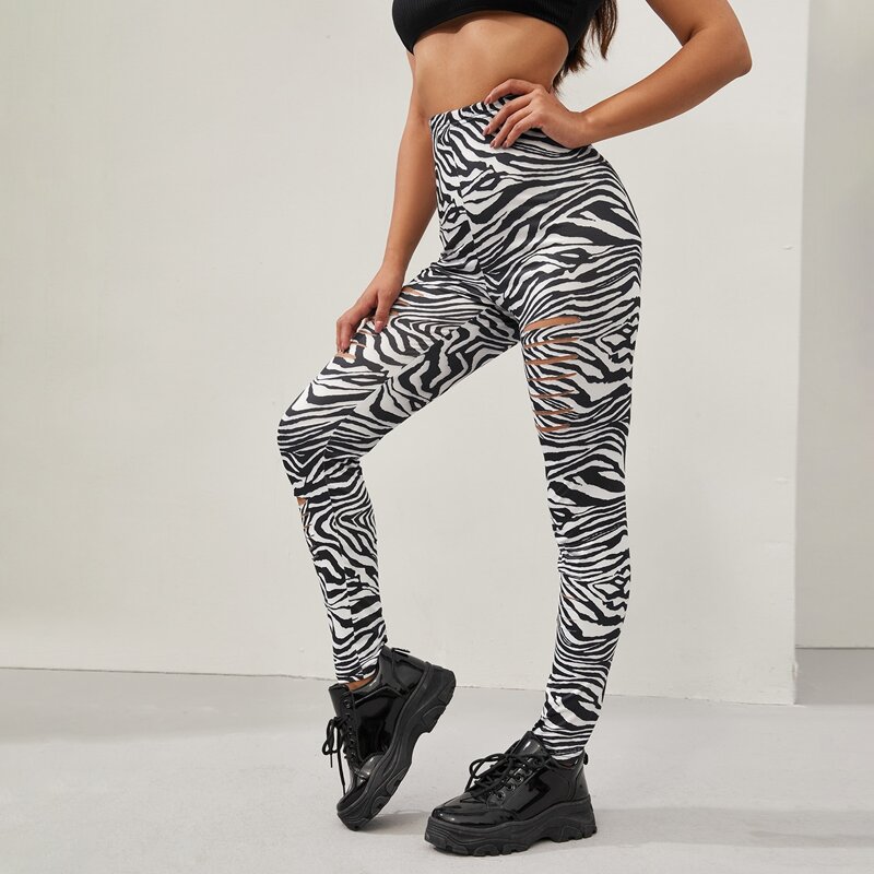 

Zebra Stripe Ripped Leggings, Black and white