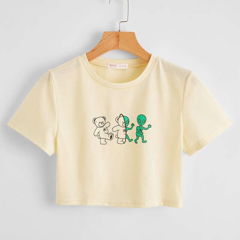 

Cartoon Graphic Crop Tee, Beige