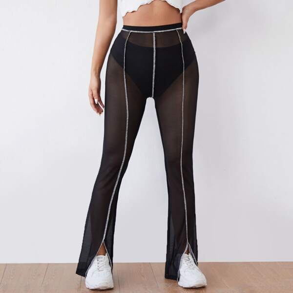 

Contrast Stitch Split Hem Sheer Mesh Pants Without Panties, Black