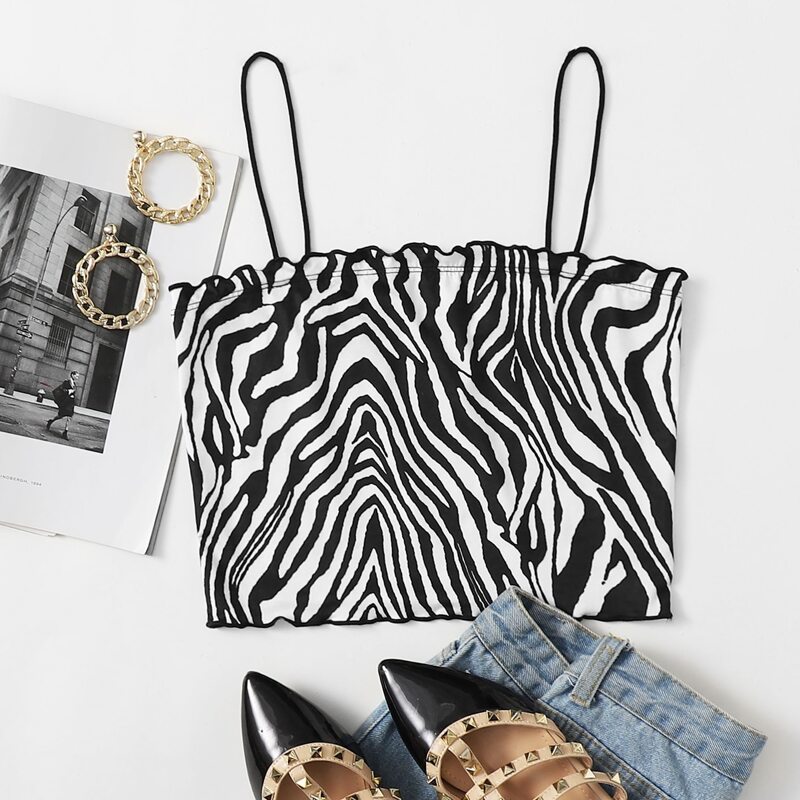 

Zebra Print Lettuce Trim Cami Top, Black and white