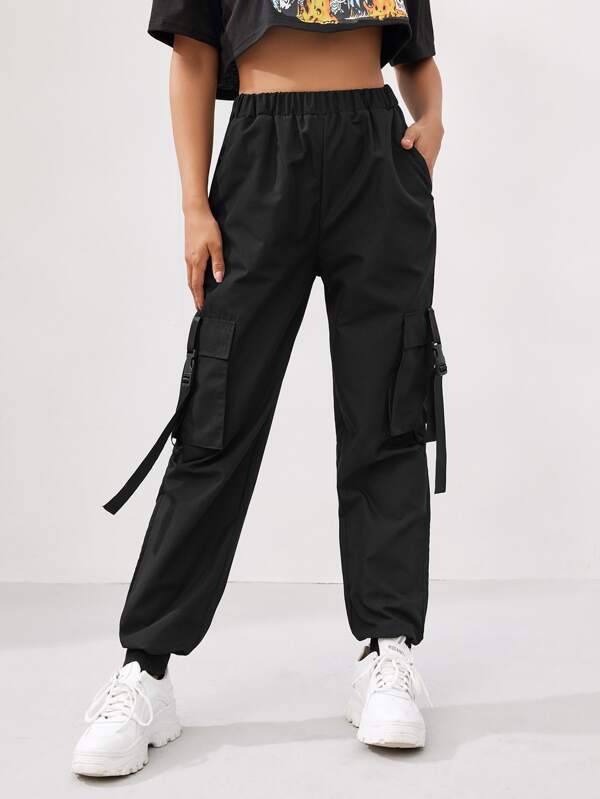 Flap Pocket Solid Parachute Cargo Pants SHEIN USA
