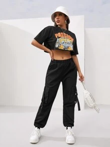 SHEIN Unity Flap Pocket Solid Parachute Cargo Trousers - Black - View 5