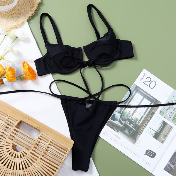 

Knot Waist Underwire Thong Bikini Swimsuit, Black