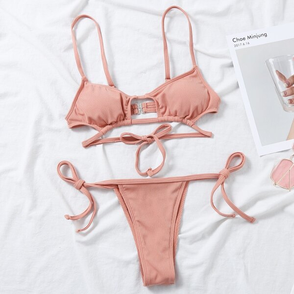 

Rib Cut-out Tie Side Bikini Swimsuit, Coral pink