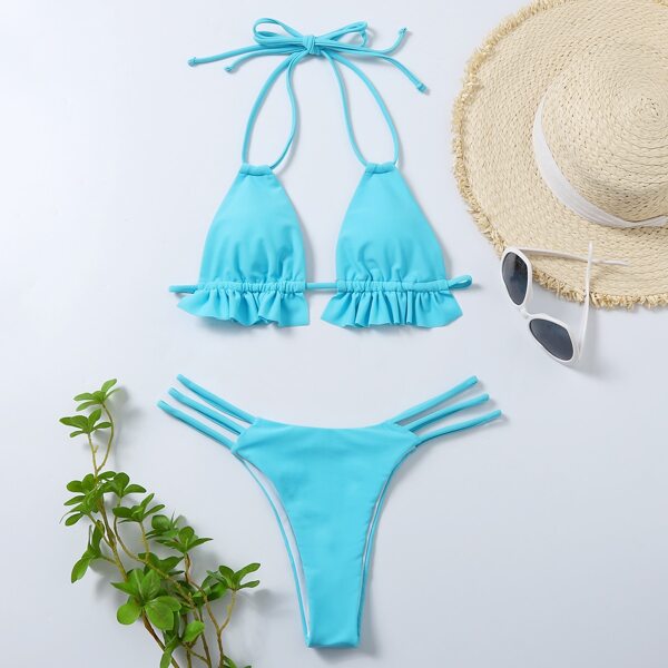 

Ruffle Trim Cut-out Bikini Swimsuit, Mint blue