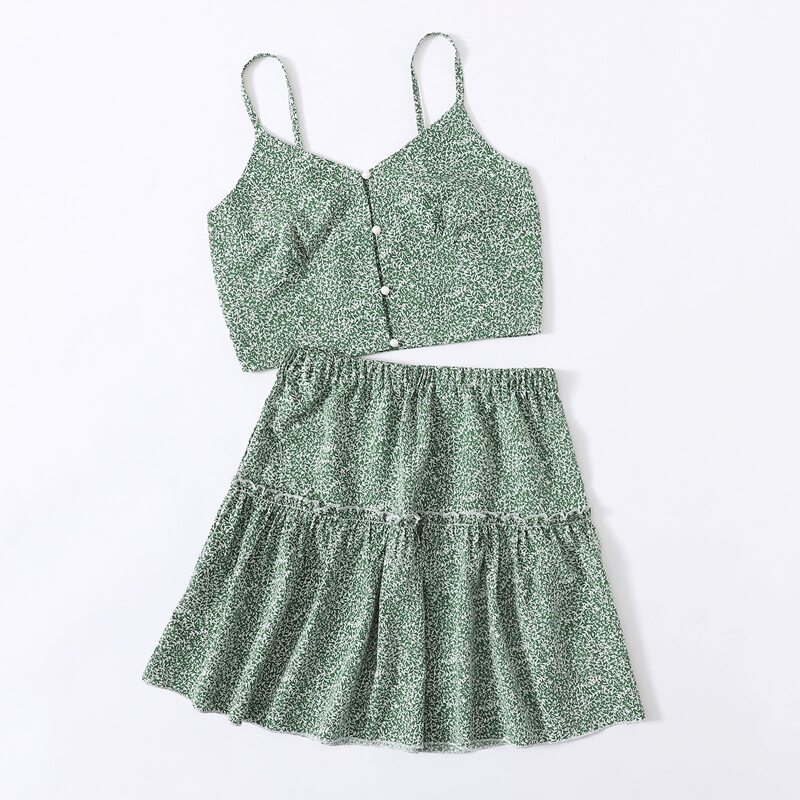 

All Over Print Button Cami & Skirt, Green multicolor