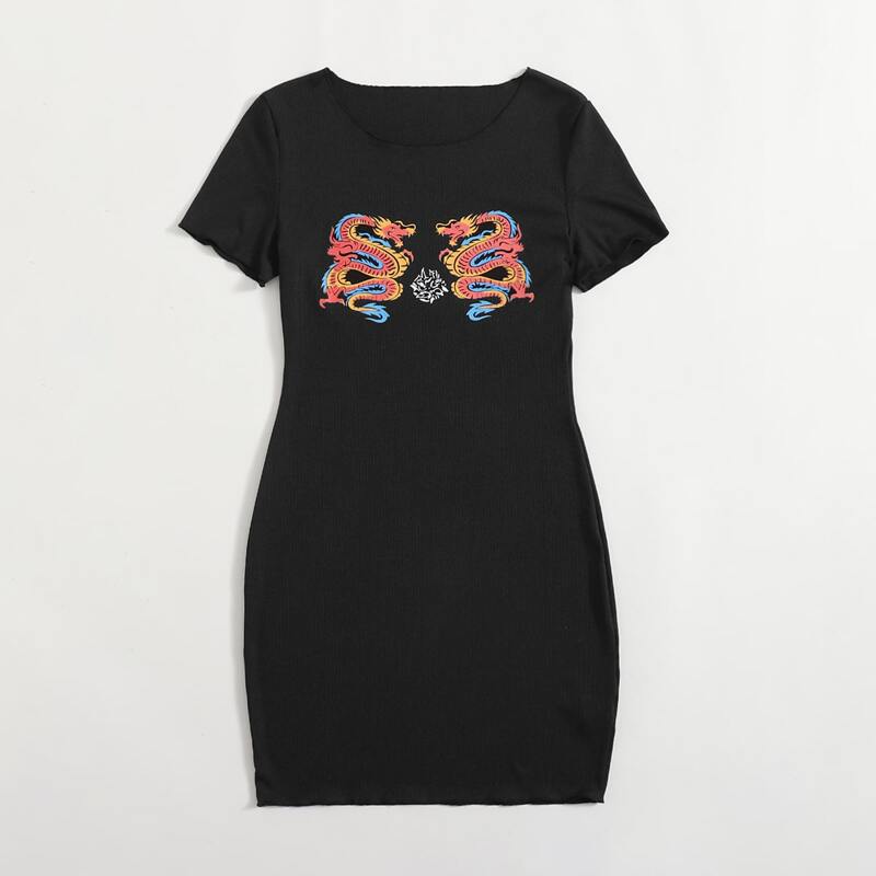 

Chinese Dragon Tee Dress, Black