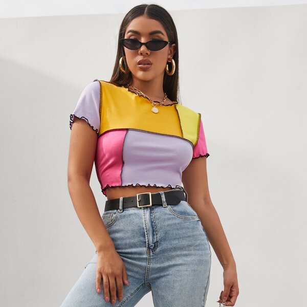 

Color-block Contrast Topstitching Crop Tee, Multicolor