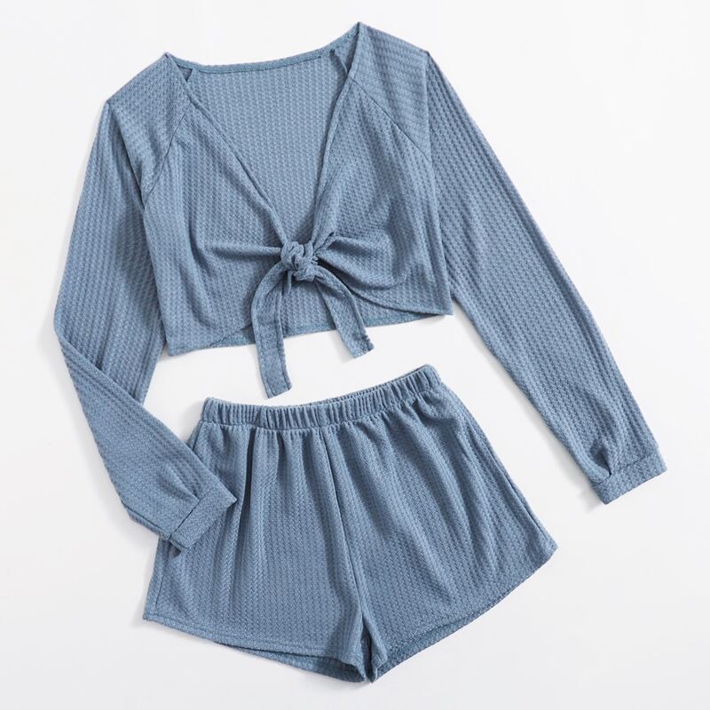 

Tie Front Crop Top & Shorts, Dusty blue