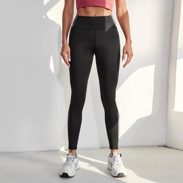 

Contrast Mesh Colorblock Sports Leggings, Black
