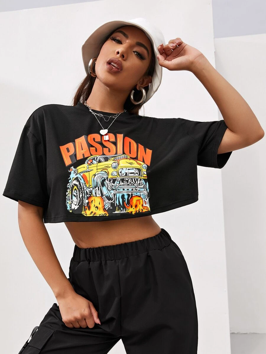 Letter & Car Print Crop Tee for Sale Australia| New Collection Online ...