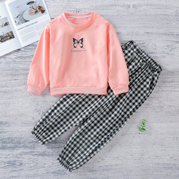 

Girls Butterfly & Letter Graphic Sweatshirt & Plaid Carrot Pants, Multicolor