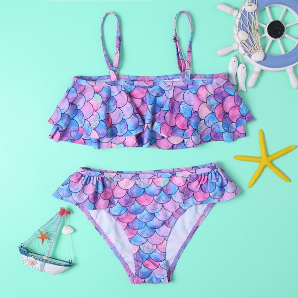 

Girls Fish Scales Ruffle Bikini Swimsuit, Multicolor