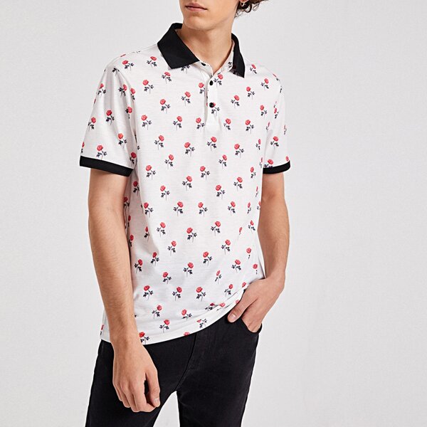 

Men Contrast Trim Floral Print Polo Shirt, White