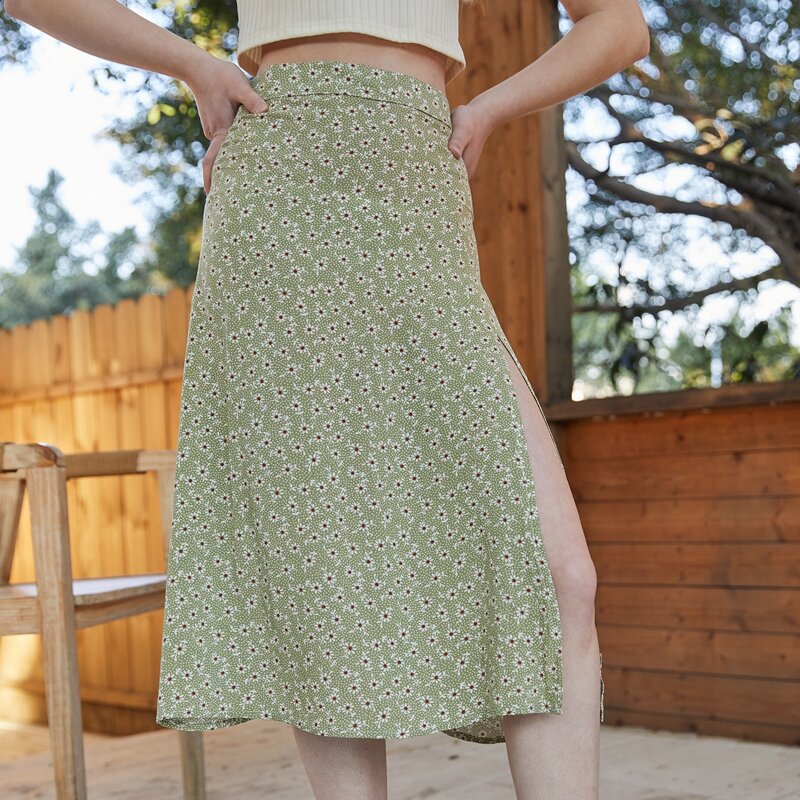 

Ditsy Flower Split Skirt, Mint green