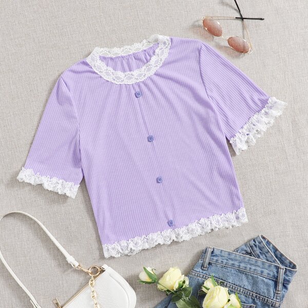 

Contrast Lace Button Front Tee, Lilac purple