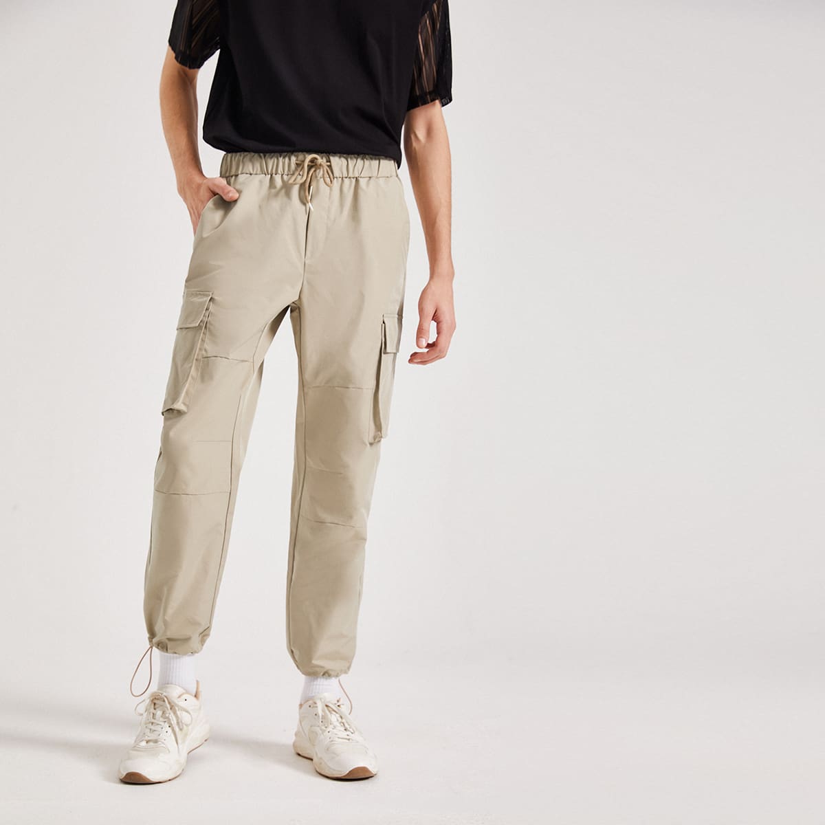 

Guys Drawstring Waist Flap Pocket Side Pants, Khaki