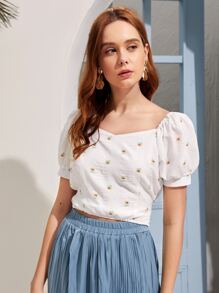 Mulvari 花卉圖案雞心領後繫帶襯衫 - 白色 - 查看 1