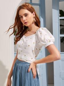 Mulvari 花卉圖案雞心領後繫帶襯衫 - 白色 - 查看 3