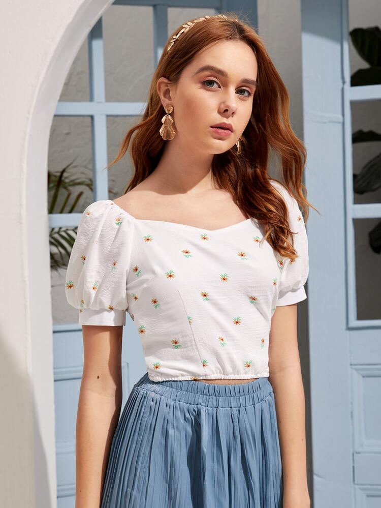 Mulvari 花卉圖案雞心領後繫帶襯衫 - 白色 - 查看 4