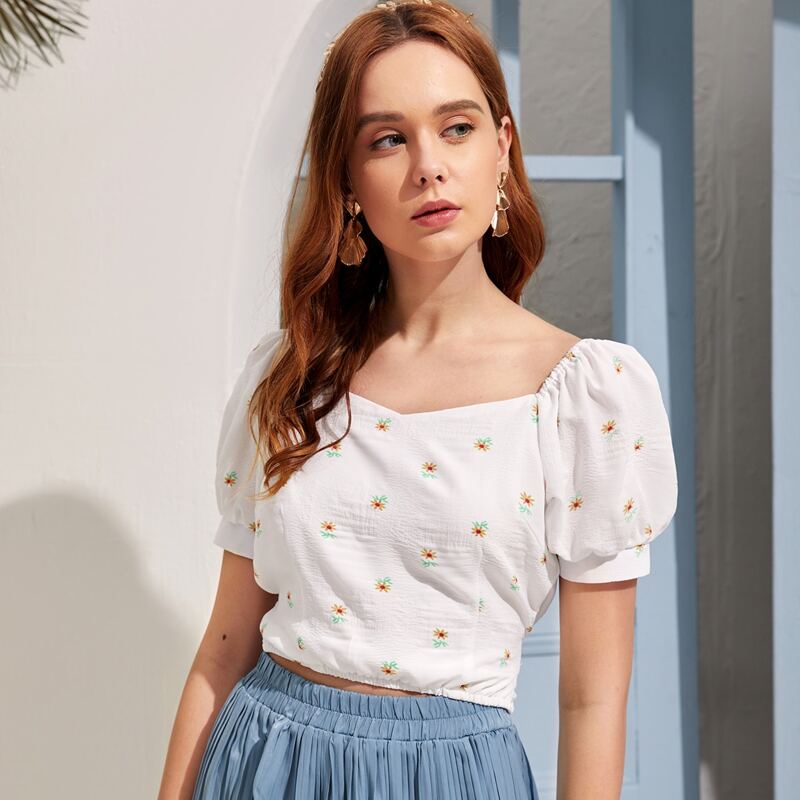 

Floral Print Sweetheart Neck Tie Back Blouse, White