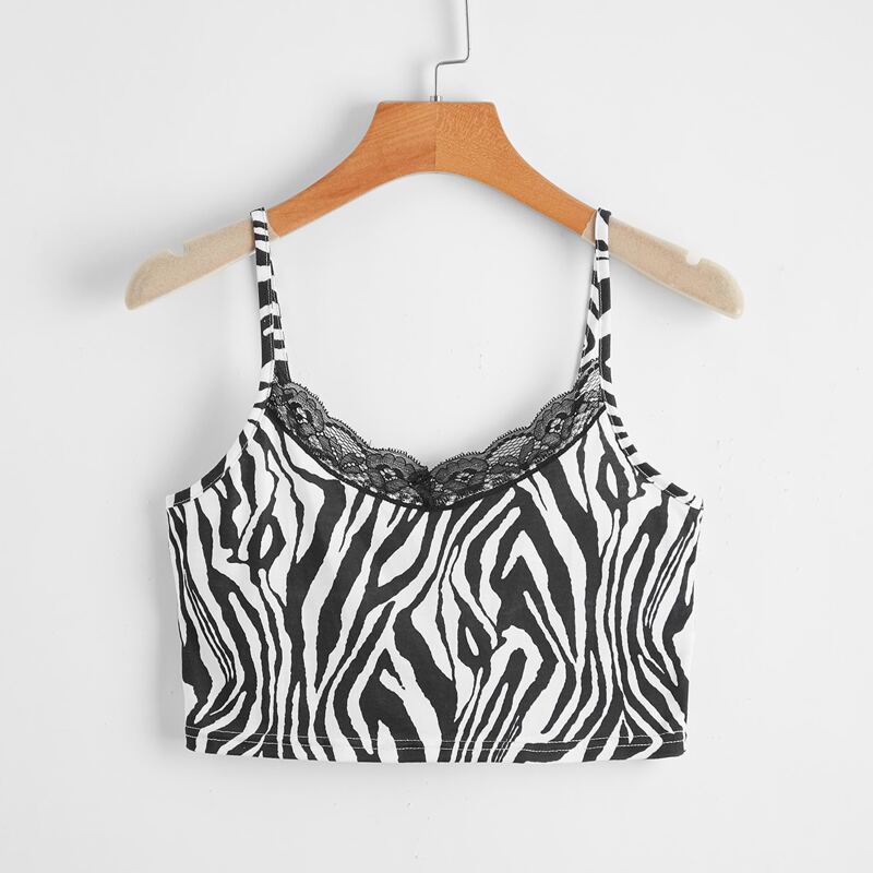 

Contrast Lace Zebra Striped Crop Cami, Black and white