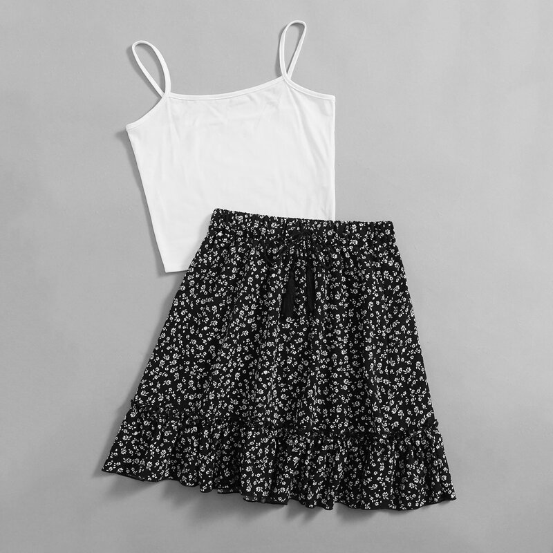 

Solid Cami & Ditsy Floral Skirt, Black and white