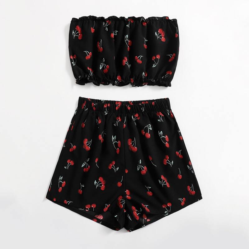 

Cherry Print Crop Tube Top & Shorts, Black