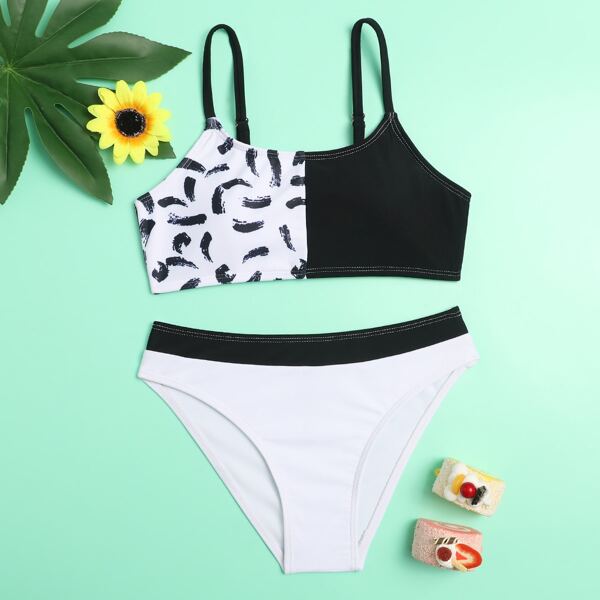 

Girls Contrast Graphic Bikini Swimsuit, Black and white