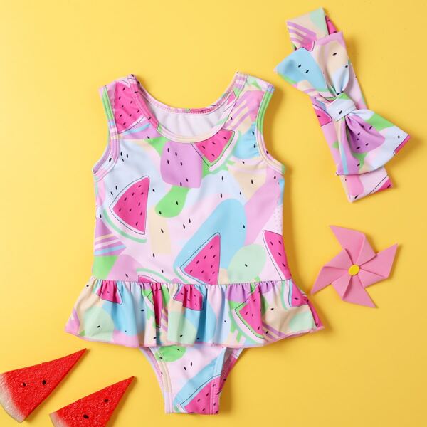 

Baby Girl Watermelon Print One Piece Swimsuit & Headband, Multicolor