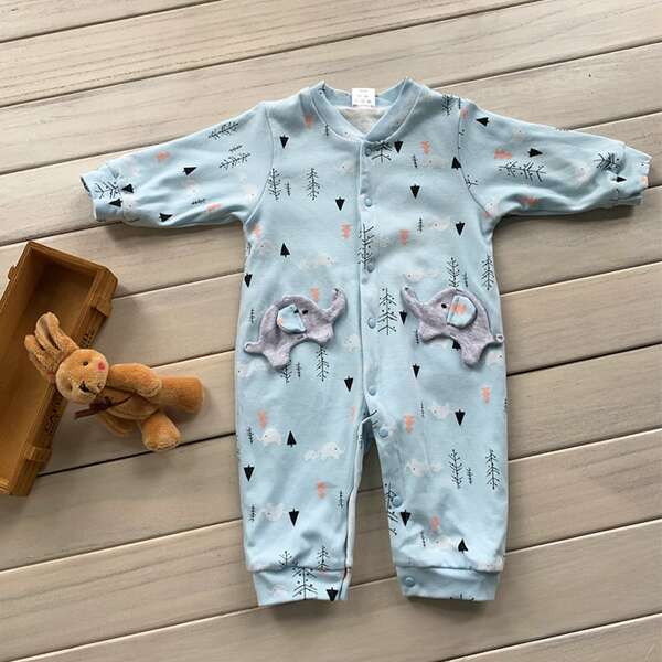 

Baby Girl Cartoon Patched Popper Front Jumpsuit, Baby blue