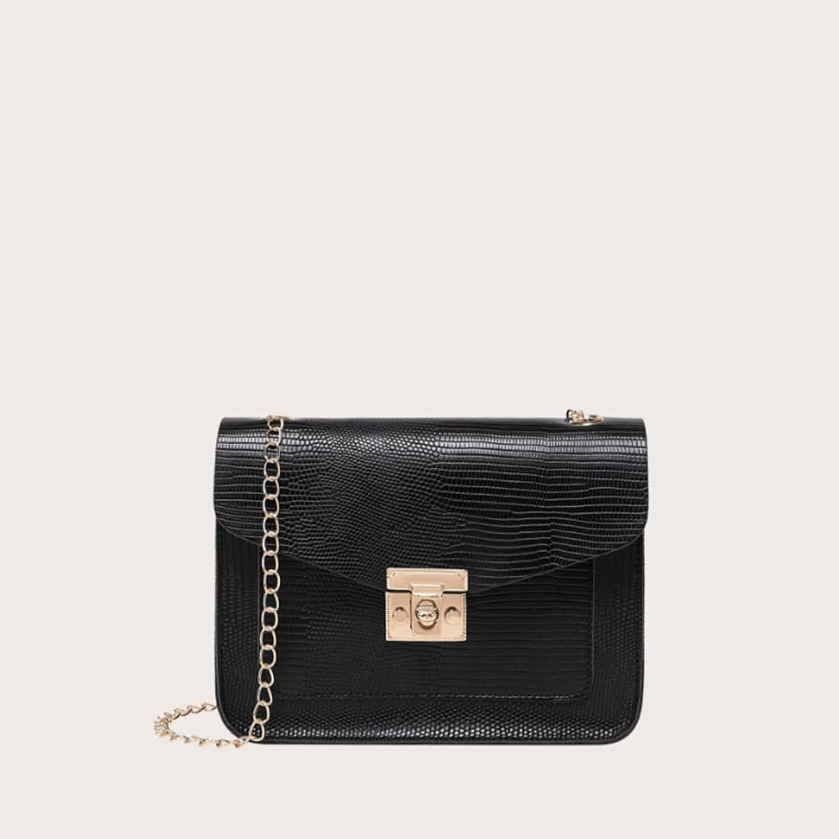 

Lizard Embossed Chain Crossbody Bag, Black