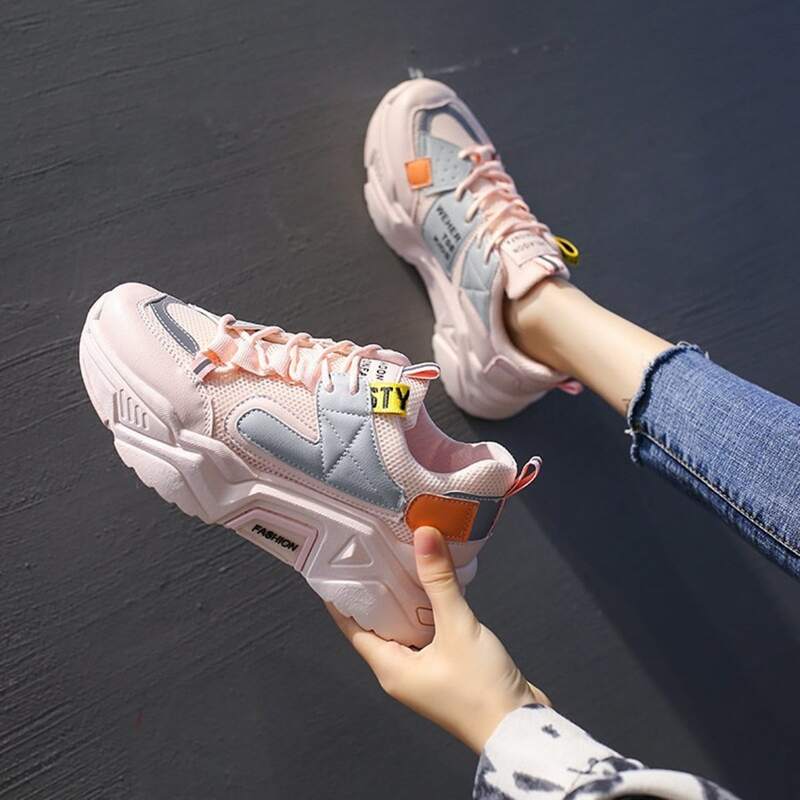 

Colorblock Lace-up Mesh Chunky Sneakers, Baby pink