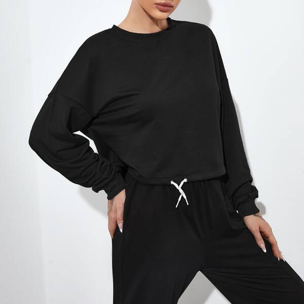 

Drawstring Hem Drop Shoulder Sports Sweatshirt, Black