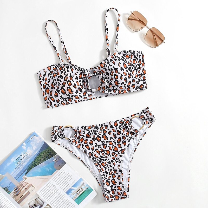 

Leopard Print O-ring Linked Bikini Swimsuit, Multicolor