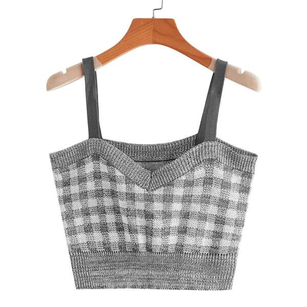 

Gingham Pattern Knit Top, Grey