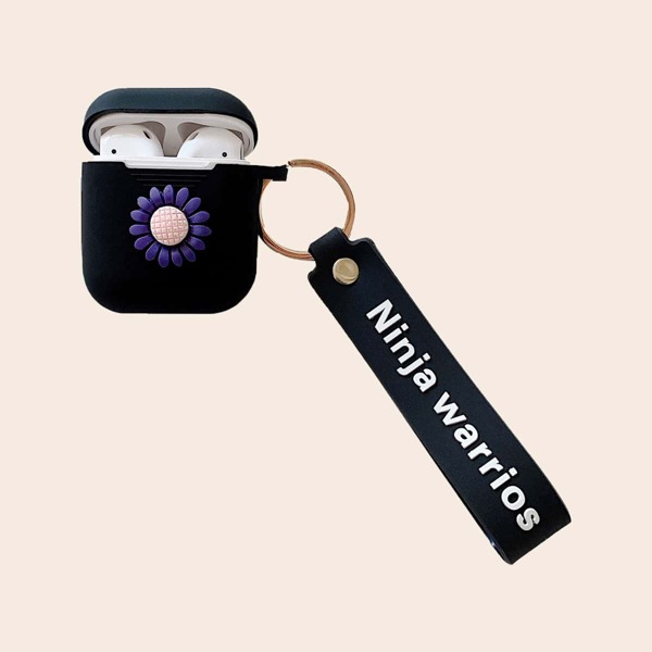 

Flower Decor Silicone Airpods Case With Keychain, Black