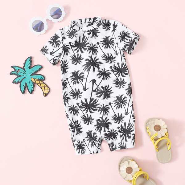 

Baby Girl Palm Tree Print One Piece Swimsuit, Black and white