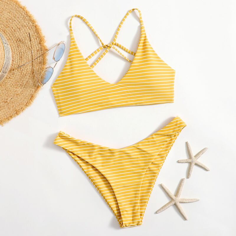 

Striped High Cut Bikini Swimsuit, Yellow