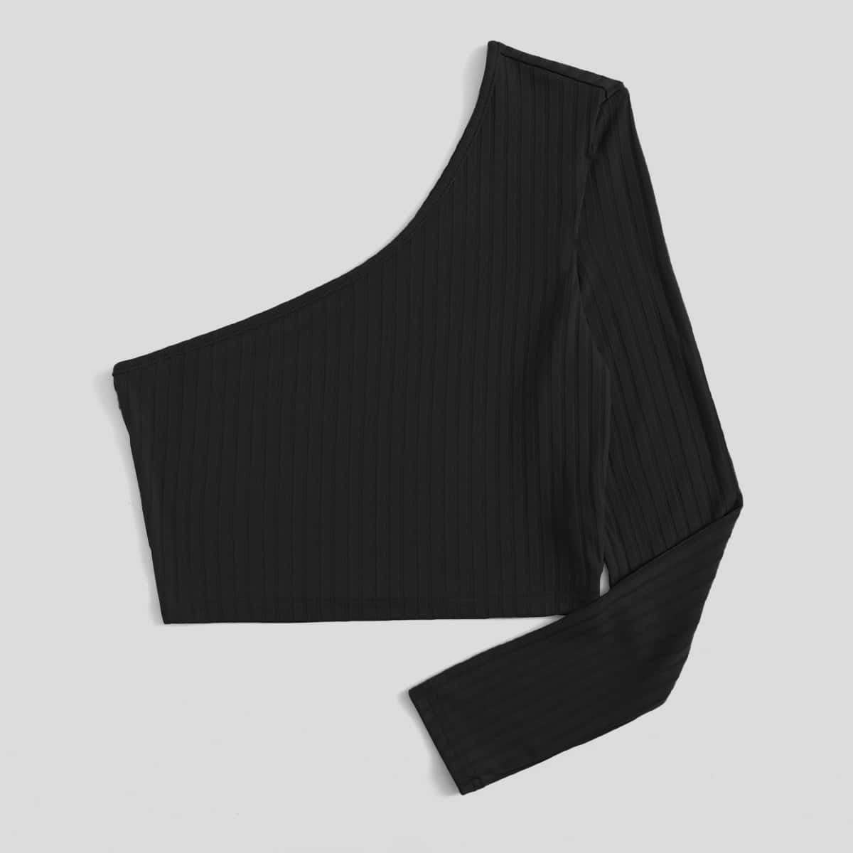 

Solid One Shoulder Ribbed Crop Top, Black