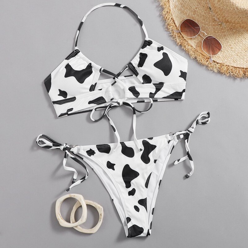 

Cow Print Cut-out Tie Side Bikini Swimsuit, Black and white