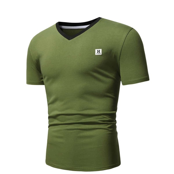

Men Letter Patched V Neck Tee, Olive green