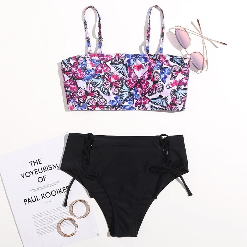 

Butterfly Print Lace Up Bikini Swimsuit, Multicolor
