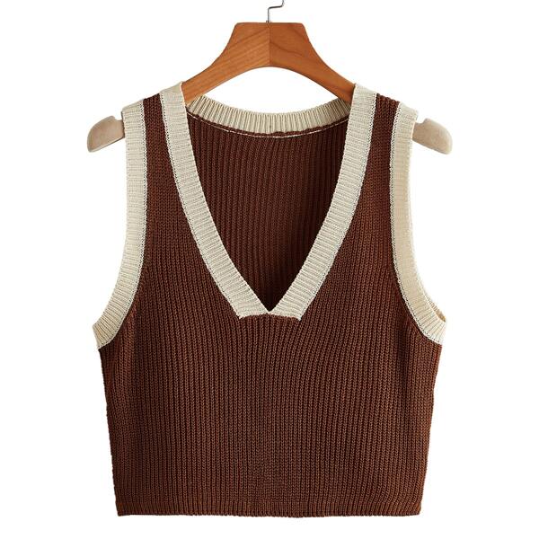 

V Neck Colorblock Sweater Vest, Chocolate brown