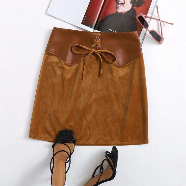 

Lace Up Cord Skirt, Brown