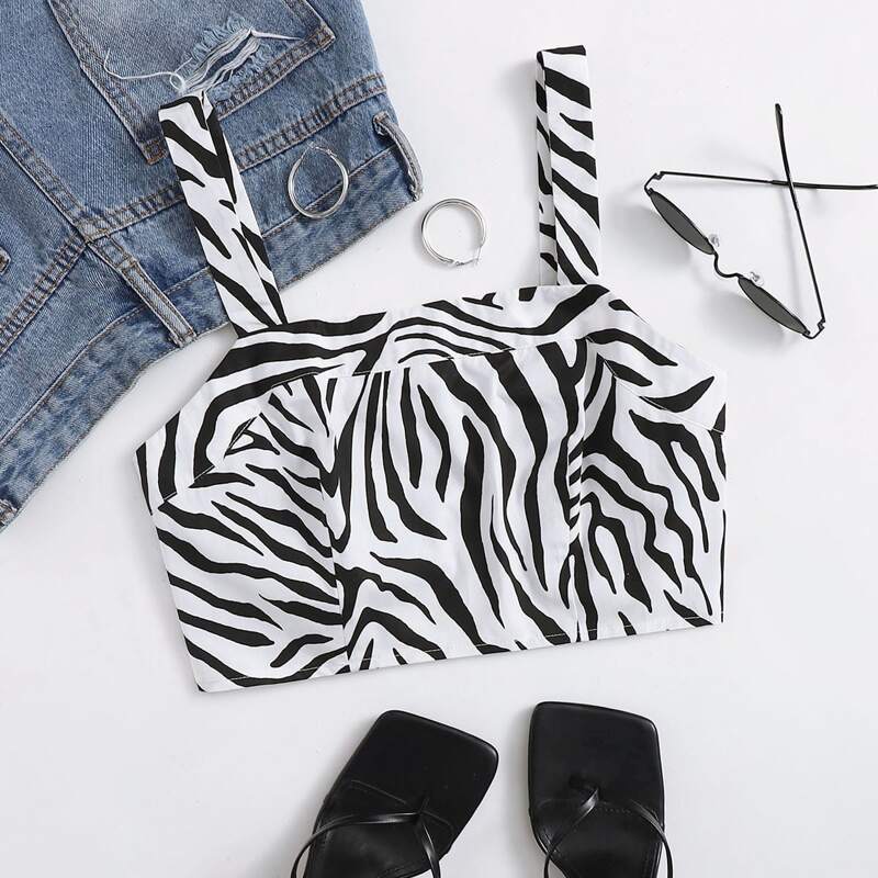 

Zebra Striped Shirred Back Crop Cami Top, Black and white
