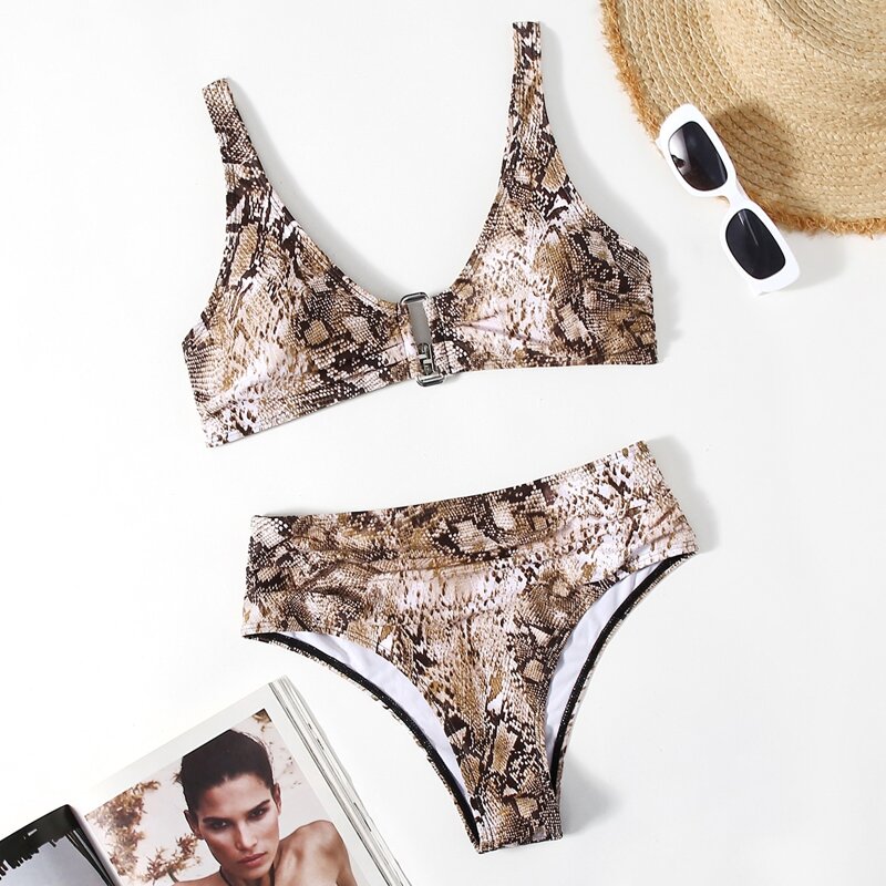 

Snakeskin Print High Waist Bikini Swimsuit, Multicolor