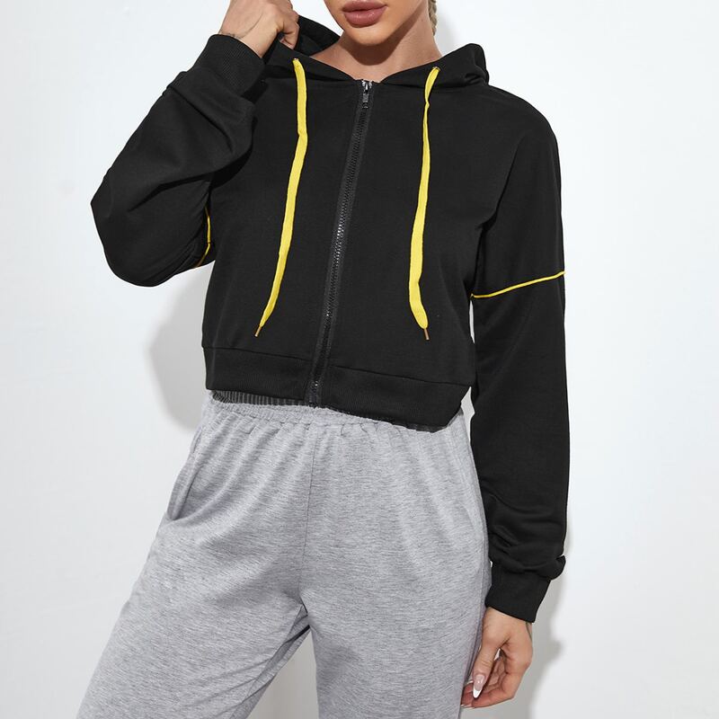 

Contrast Piping Zip Up Drawstring Sports Jacket, Black